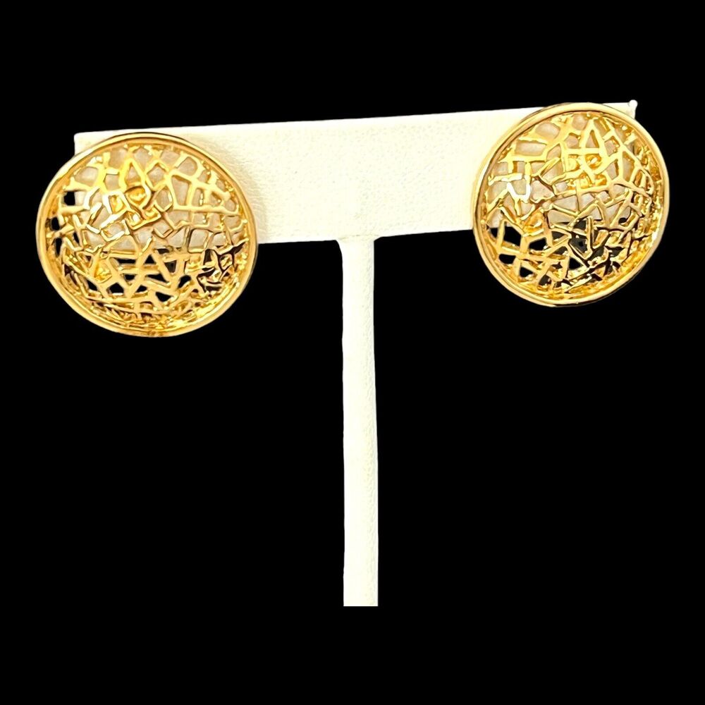 Vintage 1980s Gold Tone Earrings Filigree Lattice Design - 3G